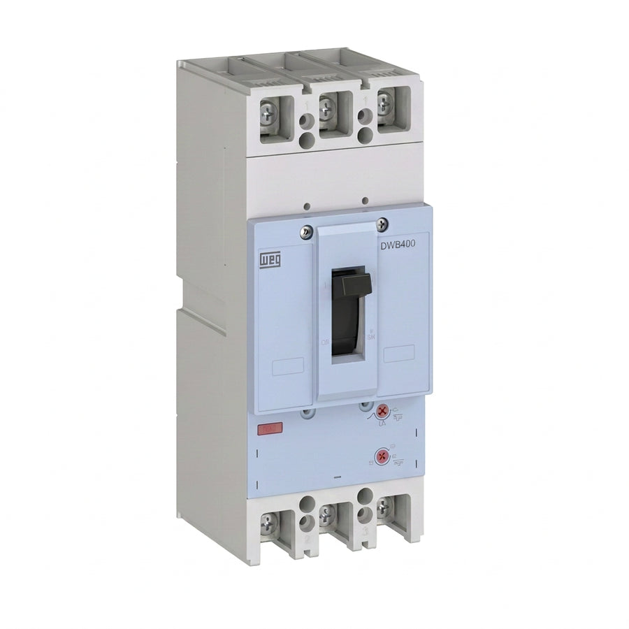 INTERRUPTOR EN CAJA MOLDEADA WEG DWB400H400-3DA, 400 A, 3 polos, 80 kA a 220–240 V; 65 kA a 380–415 V; 50 kA a 440 V, IEC 60947-2, DA — térmico y magnético ajustable.