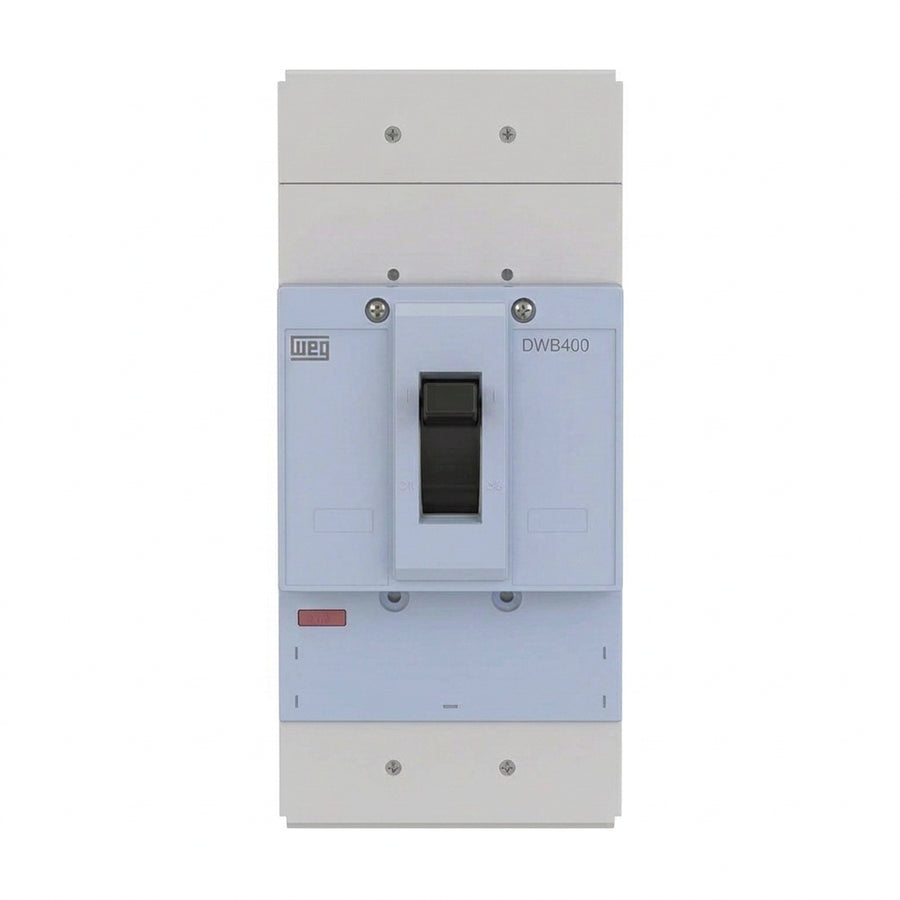 INTERRUPTOR EN CAJA MOLDEADA WEG DWB400H400-3DA, 400 A, 3 polos, 80 kA a 220–240 V; 65 kA a 380–415 V; 50 kA a 440 V, IEC 60947-2, DA — térmico y magnético ajustable.