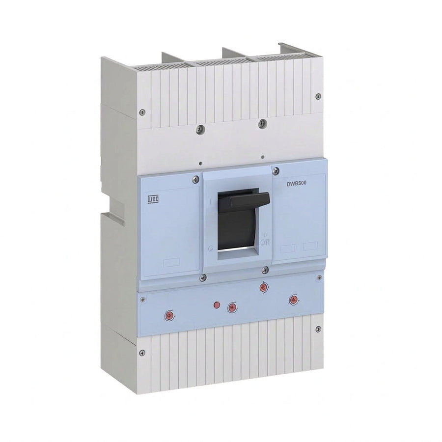 INTERRUPTOR EN CAJA MOLDEADA WEG DWB800H800-3DA, 800 A, 3 polos, 80 kA a 220–240 V; 65 kA a 380–415 V; 50 kA a 440 V, IEC 60947-2, DA — térmico y magnético ajustable.