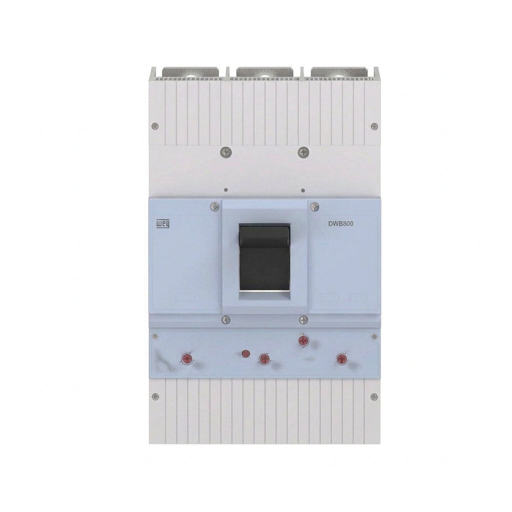 INTERRUPTOR EN CAJA MOLDEADA WEG DWB800H800-3DA, 800 A, 3 polos, 80 kA a 220–240 V; 65 kA a 380–415 V; 50 kA a 440 V, IEC 60947-2, DA — térmico y magnético ajustable.
