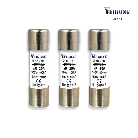 JUEGO DE 3 FUSIBLES CARTUCHO CERÁMICA MARCA VEIKONG PARA SECCIONADOR RT18-32, 10X38 MM, ACCIÓN RÁPIDA (AR), 500 VAC, 25 AMP, 100 KA, PARA VARIADOR: VFD500M-2R2GS2B, VFD500M-2R2GT2B, VFD500M-5R5GT4B, VFD500-5R5G/7R5PT4B, VFD500-4R0GT2B, VFD500-4R0GS2B