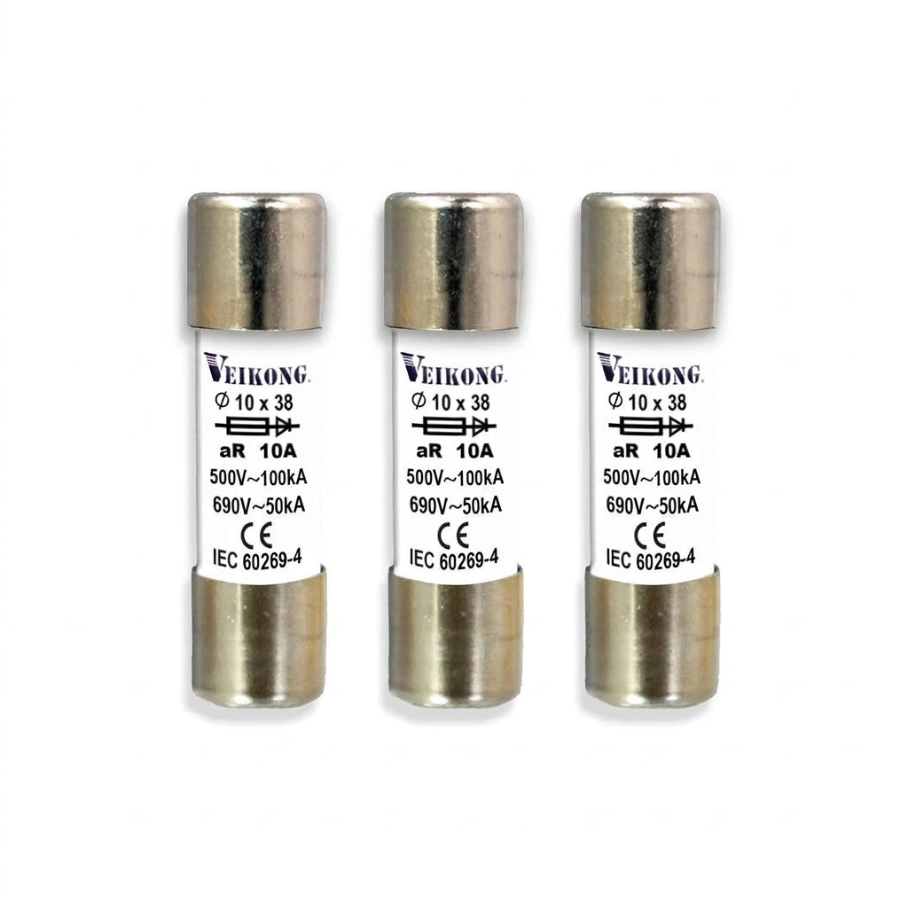 JUEGO DE 3 FUSIBLES CARTUCHO CERÁMICA MARCA VEIKONG, SEC RT18-32, 10X38 MM, ACCIÓN RÁPIDA (AR), 500 VAC, 20 AMP, 100 KA, PARA VARIADOR: VFD500M-1R5GS2B, VFD500M-1R5GT2B, VFD500M-2R2GT4B, VFD500M-4R0GT4B, VFD500-2R2GT4B, VFD500-4R0G/5R5PT4B, VFD500-2R2GS2B