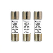 JUEGO DE 3 FUSIBLES DE CARTUCHO DE CERAMICA MARCA VEIKONG, TAMAÑO 10X38MM PARA SECCIONADOR: RT18-32, ACCIÓN RAPIDA (AR), 500VAC, 10AMP, 100KA, PARA VARIADOR: VFD500M-R75GS2B VFD500M-R75GT2B, VFD500M-R75GT4B,VFD500-R75GT4B