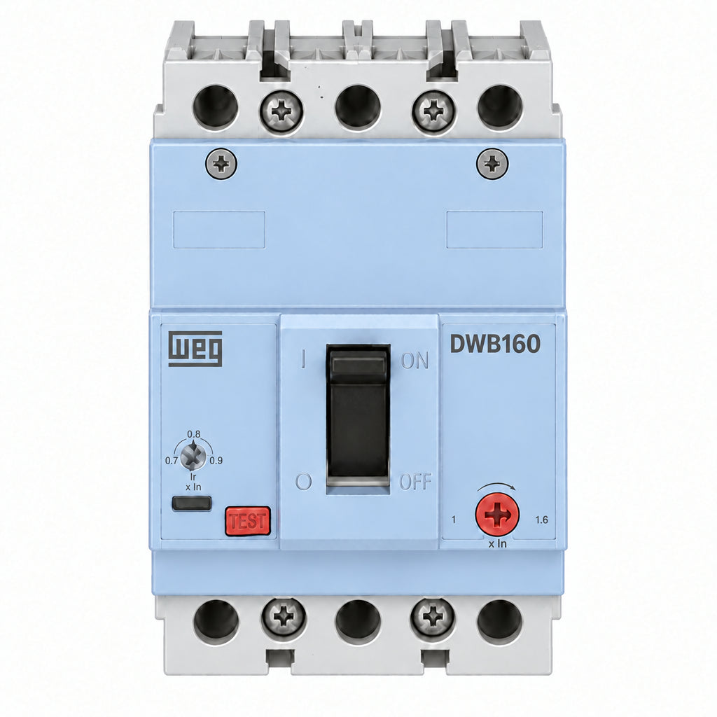INTERRUPTOR EN CAJA MOLDEADA WEG DWB160N40-3DX, 40 A, 3 polos, 50 kA a 220 V; 30 kA a 380 V; 20 kA a 440 V, IEC 60947-2, DX — térmico y magnético fijo.