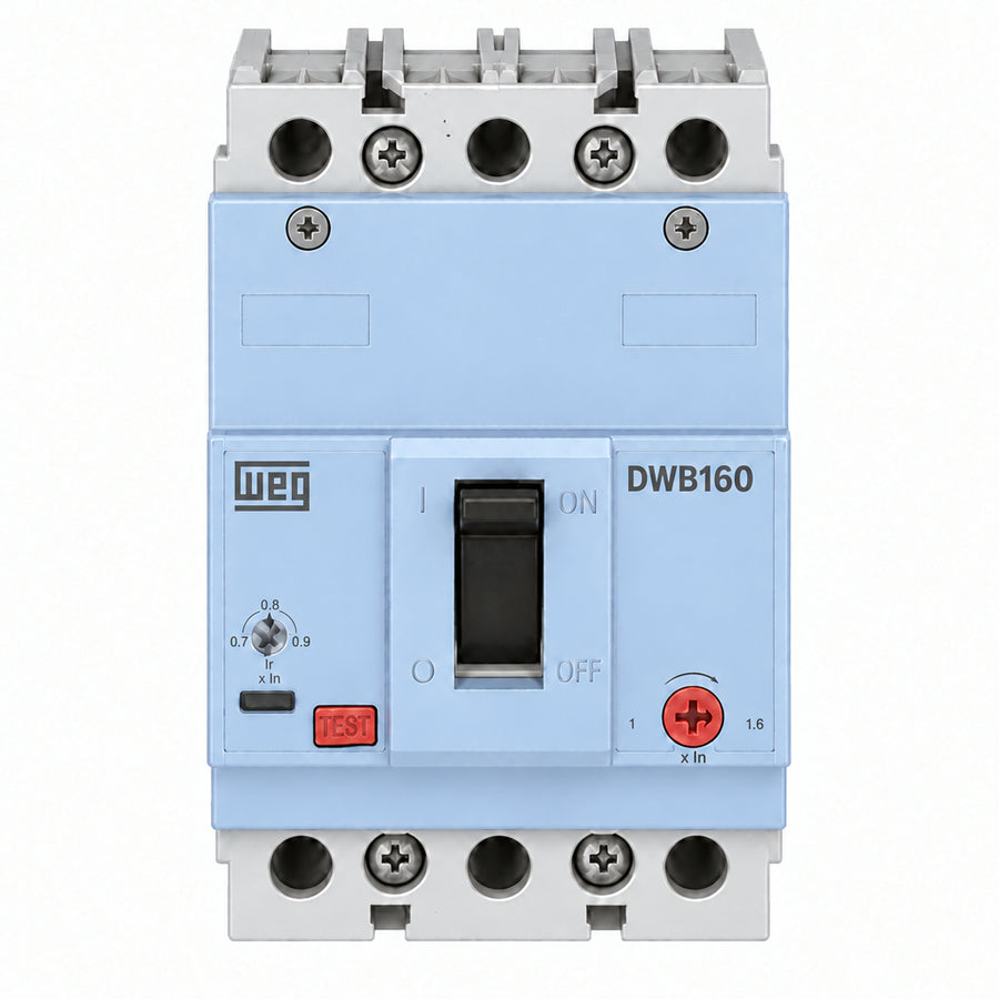 INTERRUPTOR EN CAJA MOLDEADA WEG DWB160N40-3DX, 40 A, 3 polos, 50 kA a 220 V; 30 kA a 380 V; 20 kA a 440 V, IEC 60947-2, DX — térmico y magnético fijo.