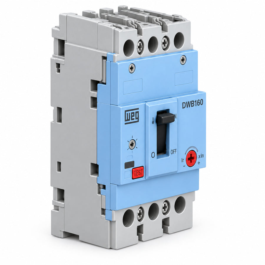 INTERRUPTOR EN CAJA MOLDEADA WEG DWB160N40-3DX, 40 A, 3 polos, 50 kA a 220 V; 30 kA a 380 V; 20 kA a 440 V, IEC 60947-2, DX — térmico y magnético fijo.